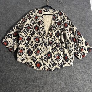 Anthropologie Kimono Jacket Floral Print Cream Navy Red Boho‎ Women's M
